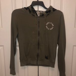 olive green , zip up hoodie